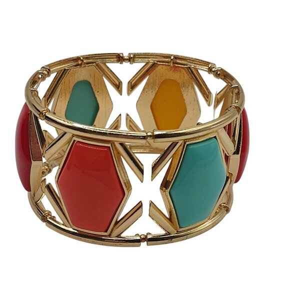 Boho Modern Chic Stmt GoldTone Red/Yellow/Aqua Gem Geometric Bangle Bracelet - Picture 6 of 13